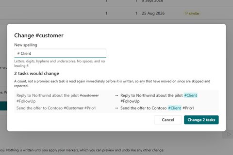 TodoWerk change preview: renaming #customer to #Client lists both affected task titles before and after